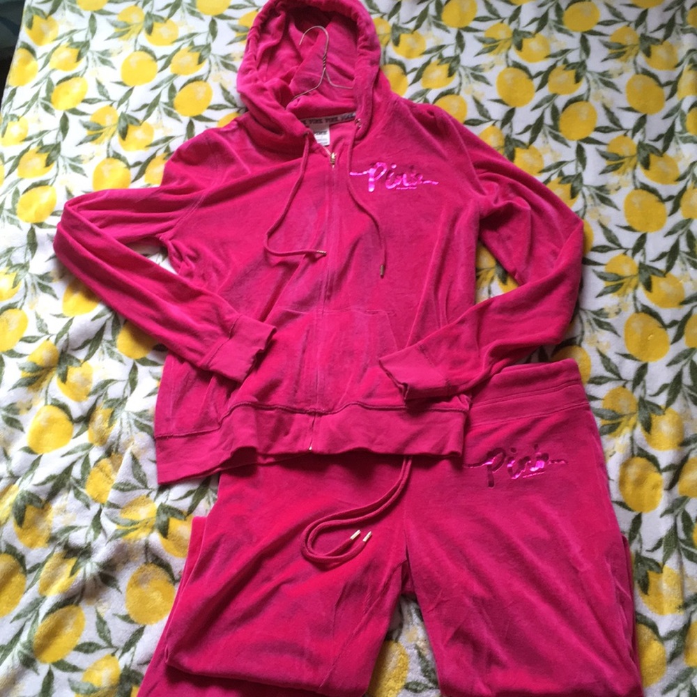Hot pink Victoria’s Secret velour jumpsuit.